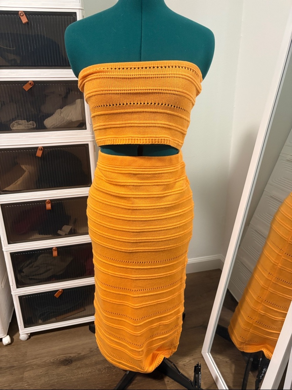 Women's Orange Knit Strapless Two-Piece Set